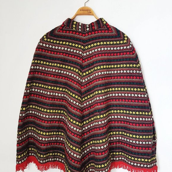 1970s Vintage Red Wool Poncho, Made in USA, Red Wool Patterned Poncho - Picture 3 of 10